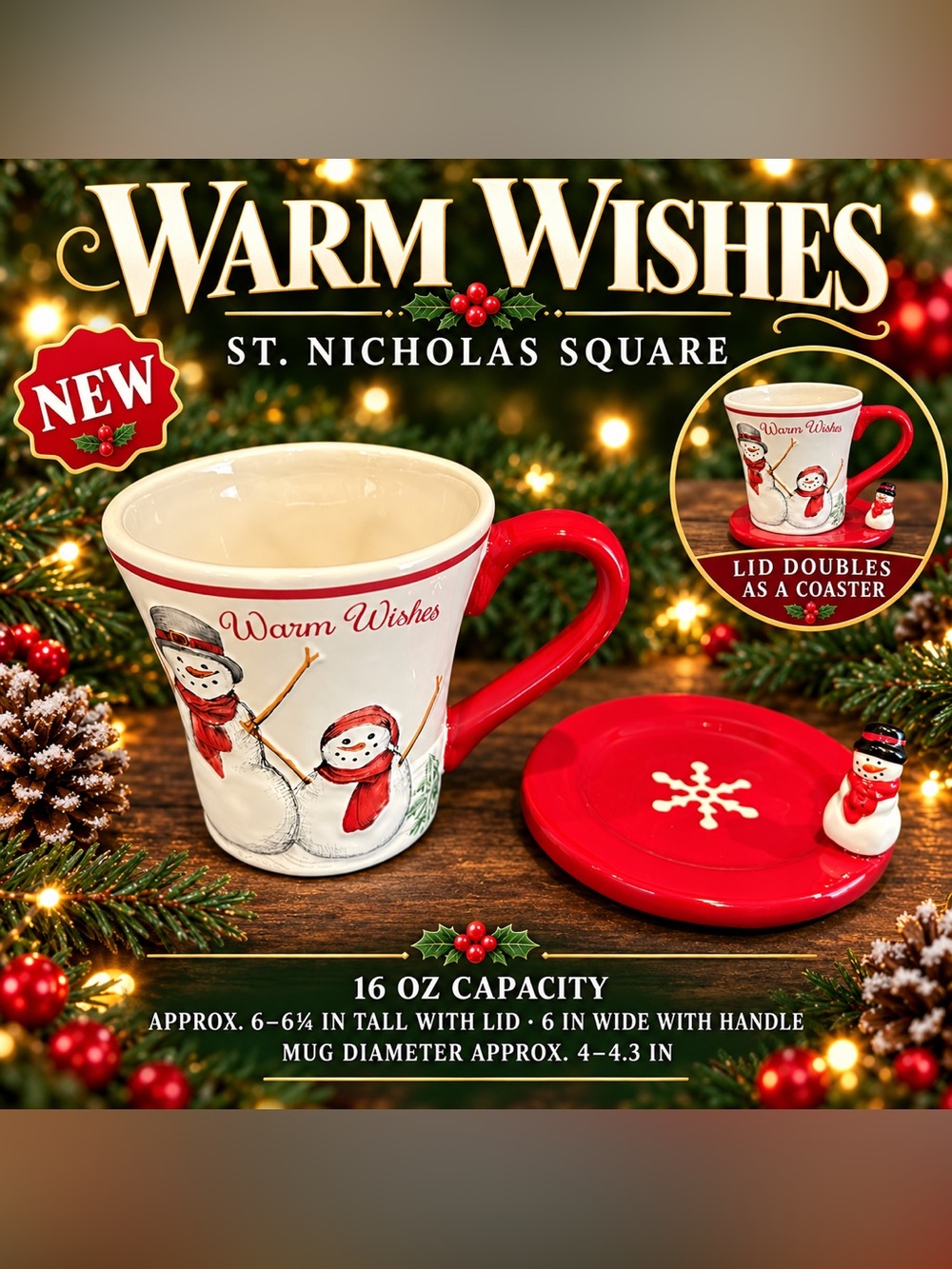 St. Nicholas Square Warm Wishes Hand Painted Snowman Mug with Lid Christmas